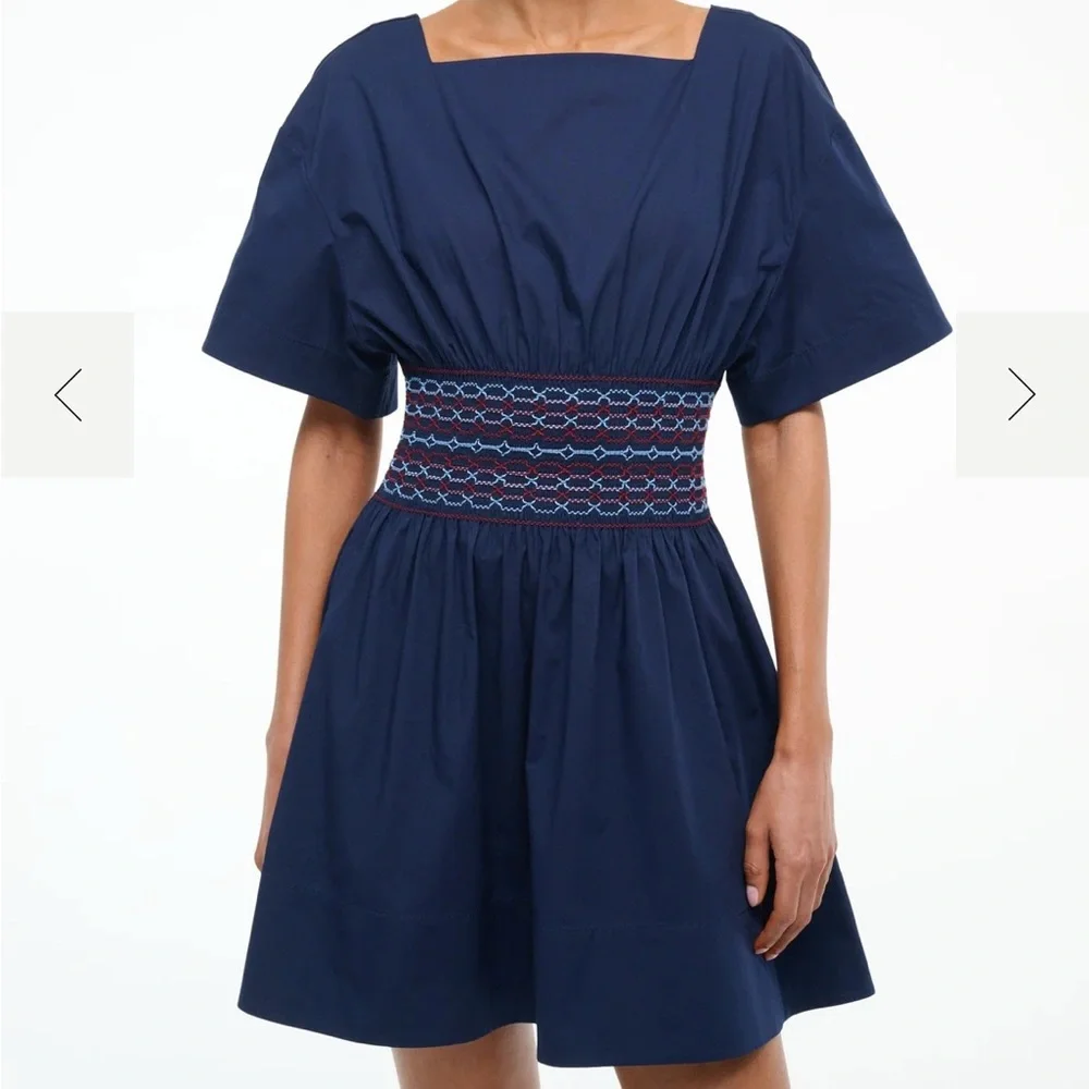 STAUD Amy Blue Smocked A-Line Mini Dress - Picture 1 of 5